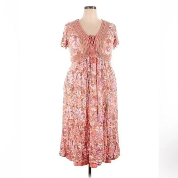 Torrid Lace Up Tea Length Dress Crinkle Floral Coral Plus Size 2X Midi Dress - Picture 4 of 6